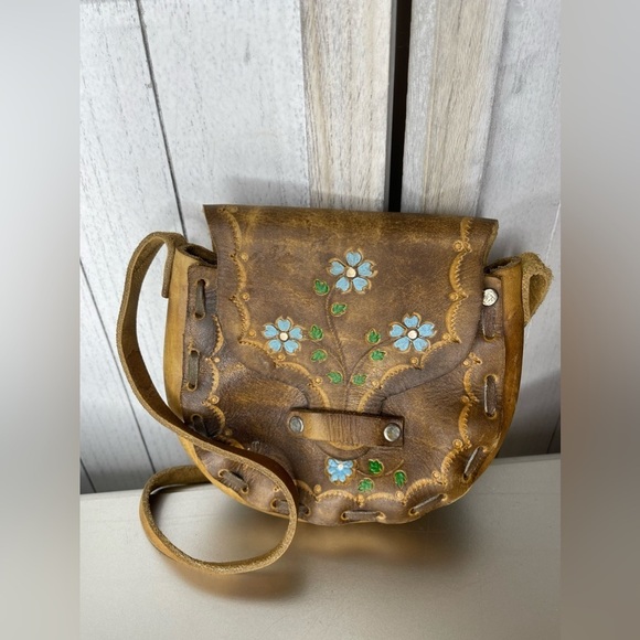 Vintage Hand Tooled Blue Flower Embossed Leather Small Bag Mexico - Picture 1 of 8